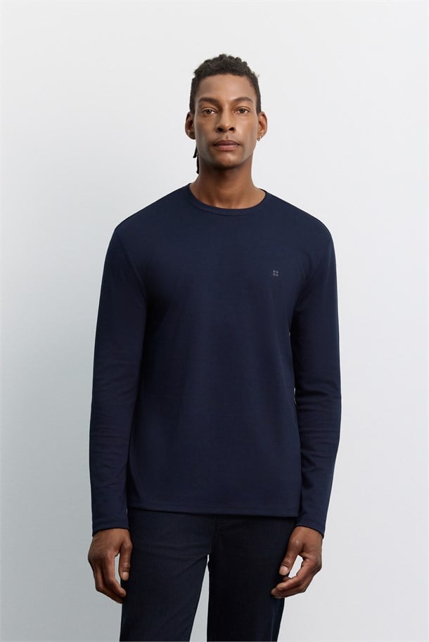 Lacivert Bisiklet Yaka Viskon Karışımlı Bi-Stretch Basic Sweatshirt