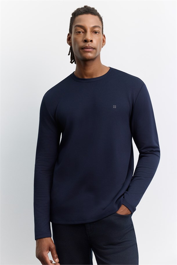 Lacivert Bisiklet Yaka Viskon Karışımlı Bi-Stretch Basic Sweatshirt
