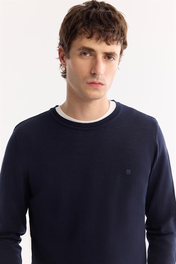 Lacivert Bisiklet Yaka Yün Karışımlı Triko Kazak