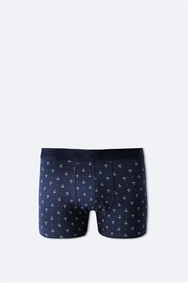 Lacivert Desenli Pamuklu Tekli Boxer