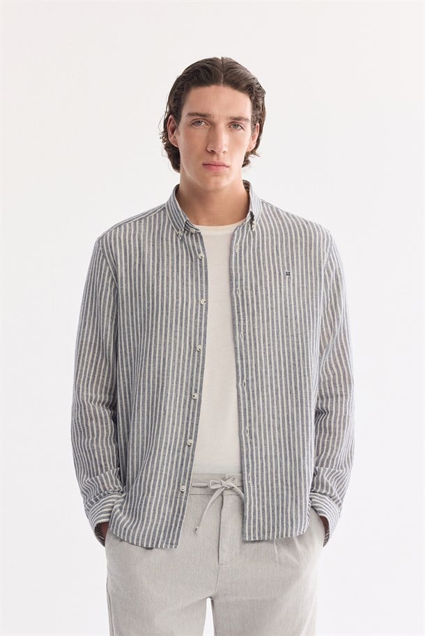 Lacivert Alttan Britli %100 Pamuk Nefes Alan Gömlek