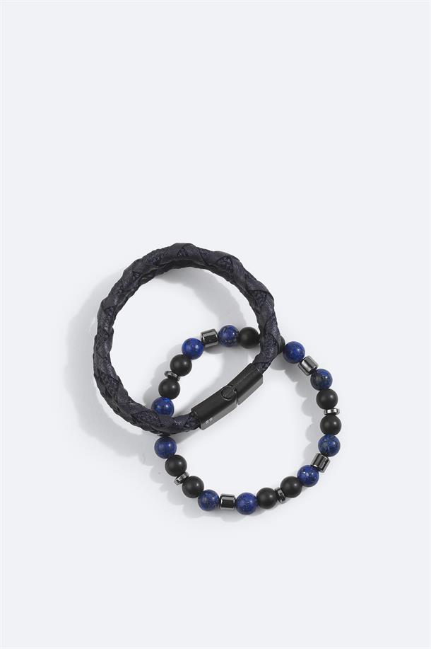 Lacivert Deri Ceyt ve Hematit Taşlı Bileklik