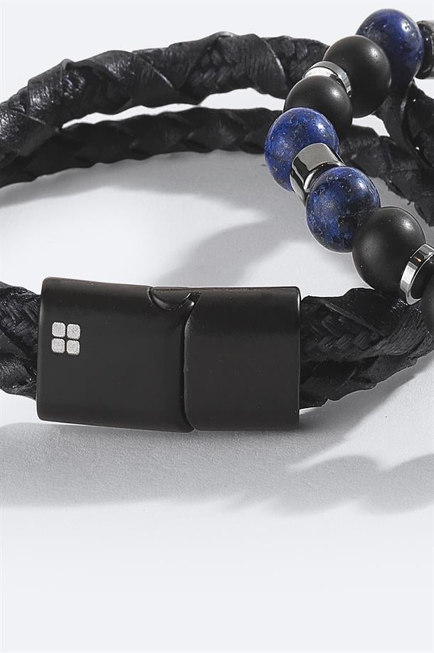 Lacivert Deri Ceyt ve Hematit Taşlı Bileklik