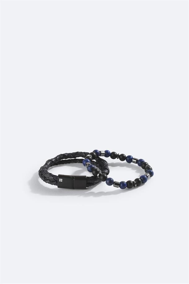 Lacivert Deri Ceyt ve Hematit Taşlı Bileklik