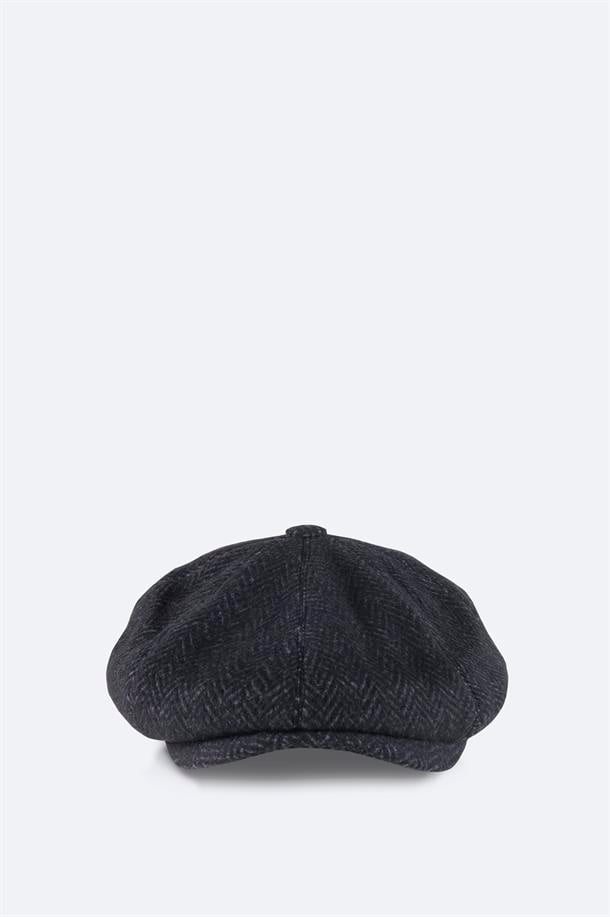 Lacivert Yün Karışımlı Desenli Kasket Şapka