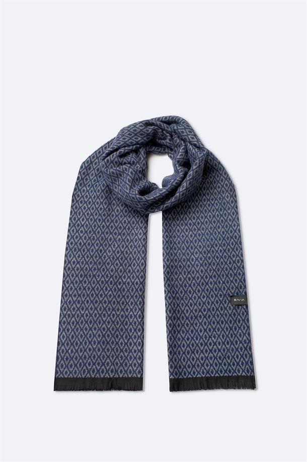 Lacivert Viskon Karışımlı Püsküllü Desenli Şal