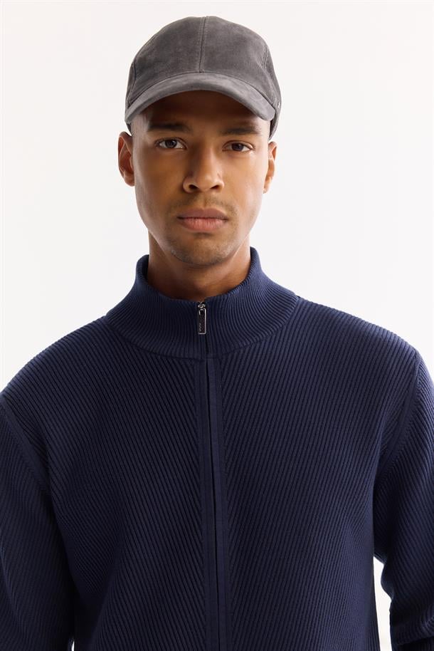 Lacivert Dik Yaka Fermuarlı Pamuklu Soft Touch Dokulu Hırka