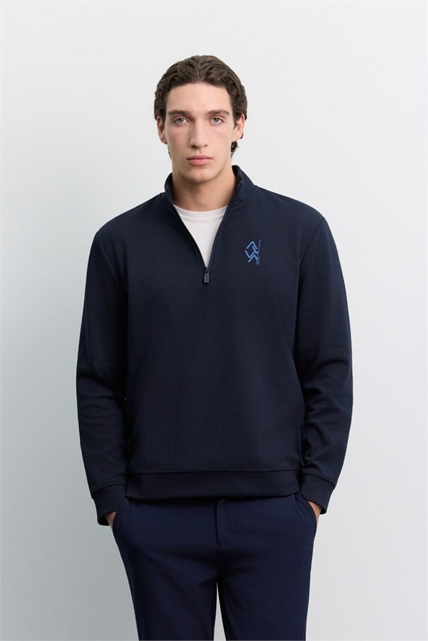 Lacivert Dik Yaka Fermuarlı Baskılı Kolay Ütülenen Pamuklu Sweatshirt