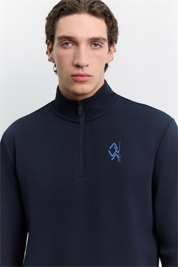 Lacivert Dik Yaka Fermuarlı Baskılı Kolay Ütülenen Pamuklu Sweatshirt