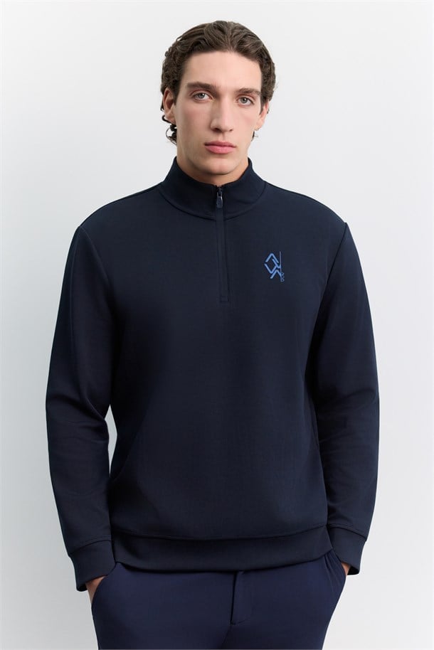 Lacivert Dik Yaka Fermuarlı Baskılı Kolay Ütülenen Pamuklu Sweatshirt