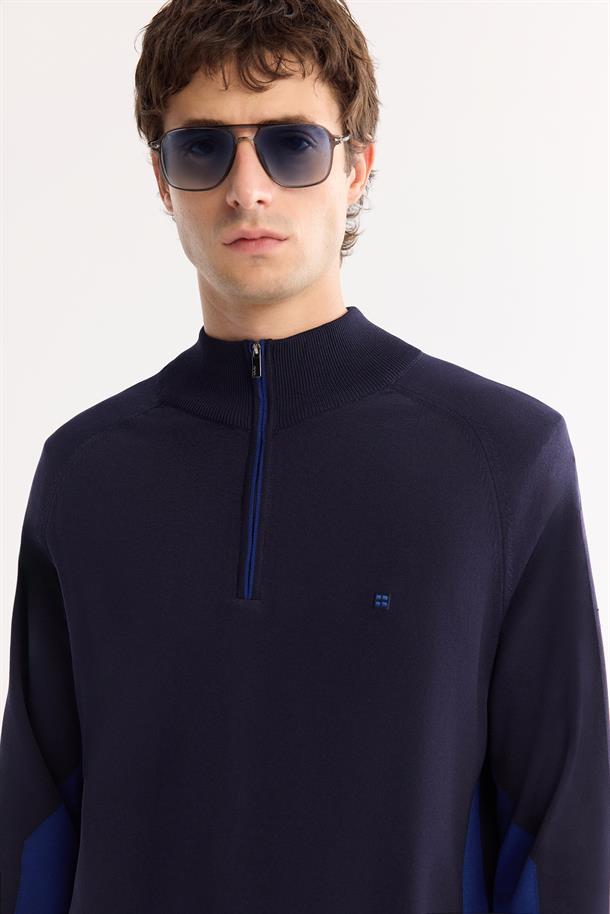 Lacivert Dik Yaka Fermuarlı Rayon Tüylenmeyen Triko Kazak