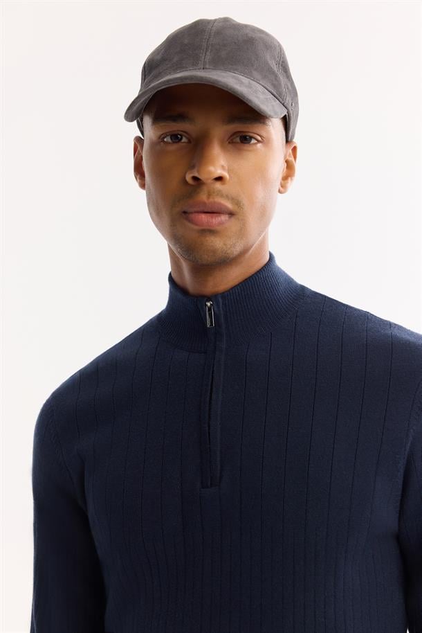 Lacivert Dik Yaka Fermuarlı Soft Touch Çizgili Triko Kazak