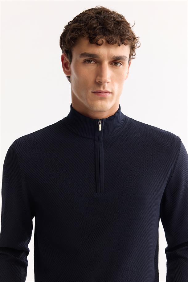 Lacivert Dik Yaka Fermuarlı Dokulu Triko Kazak