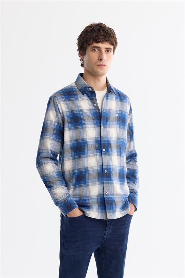 Lacivert Düğmeli Yaka %100 Pamuk Flanel Gömlek