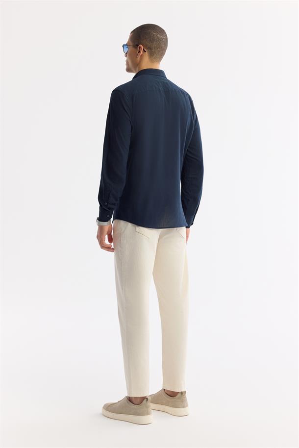 Lacivert Düğmeli Yaka %100 Pamuk Gömlek