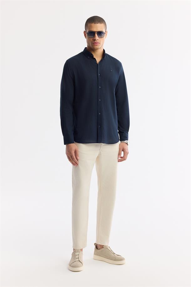 Lacivert Düğmeli Yaka %100 Pamuk Gömlek