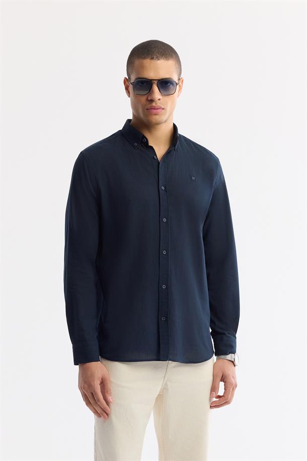 Lacivert Düğmeli Yaka %100 Pamuk Gömlek