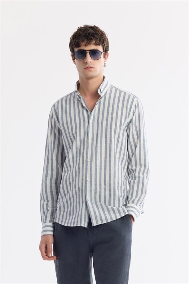 Lacivert Düğmeli Yaka Çizgili %100 Pamuk Gömlek