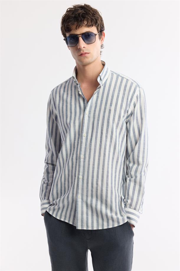 Lacivert Düğmeli Yaka Çizgili %100 Pamuk Gömlek
