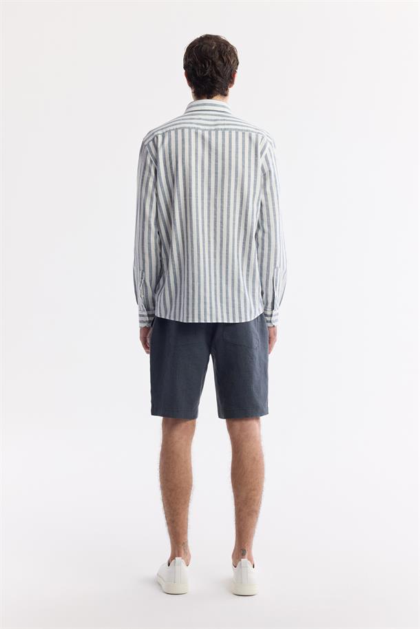 Lacivert Düğmeli Yaka Çizgili %100 Pamuk Gömlek