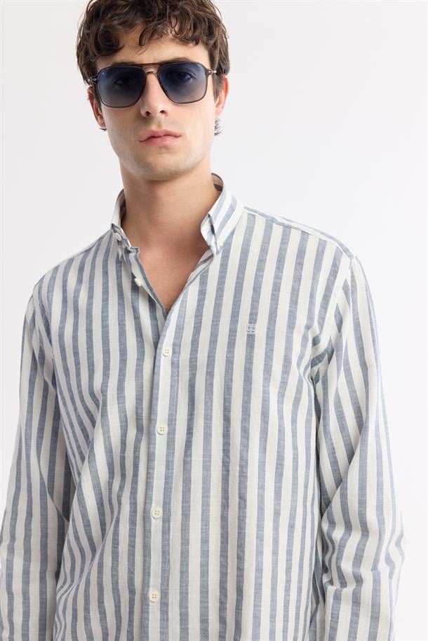 Lacivert Düğmeli Yaka Çizgili %100 Pamuk Gömlek
