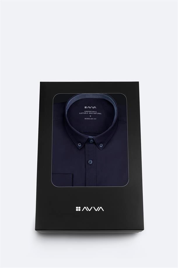 Lacivert Düğmeli Yaka Hediye Kutulu %100 Pamuk Basic Gömlek