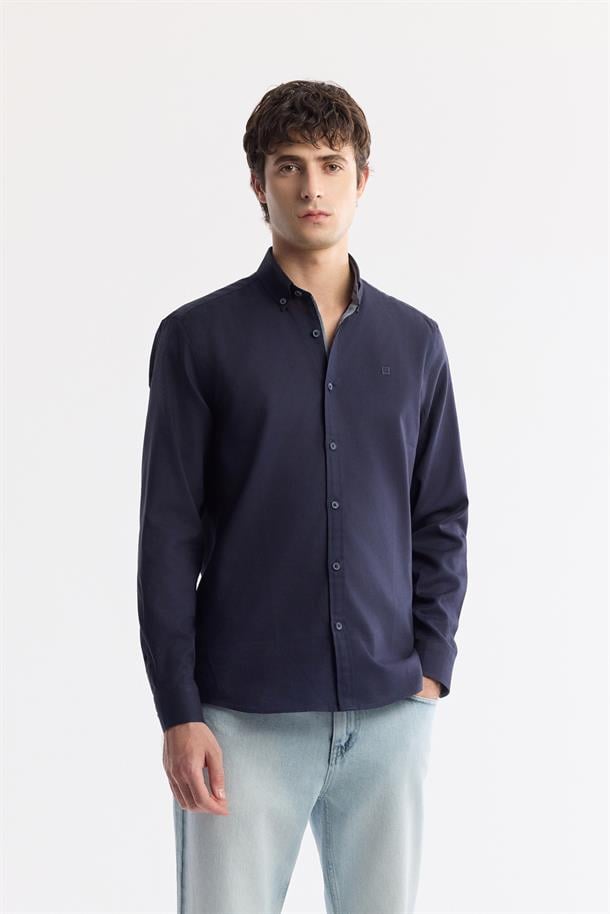 Lacivert Düğmeli Yaka Hediye Kutulu %100 Pamuk Basic Gömlek
