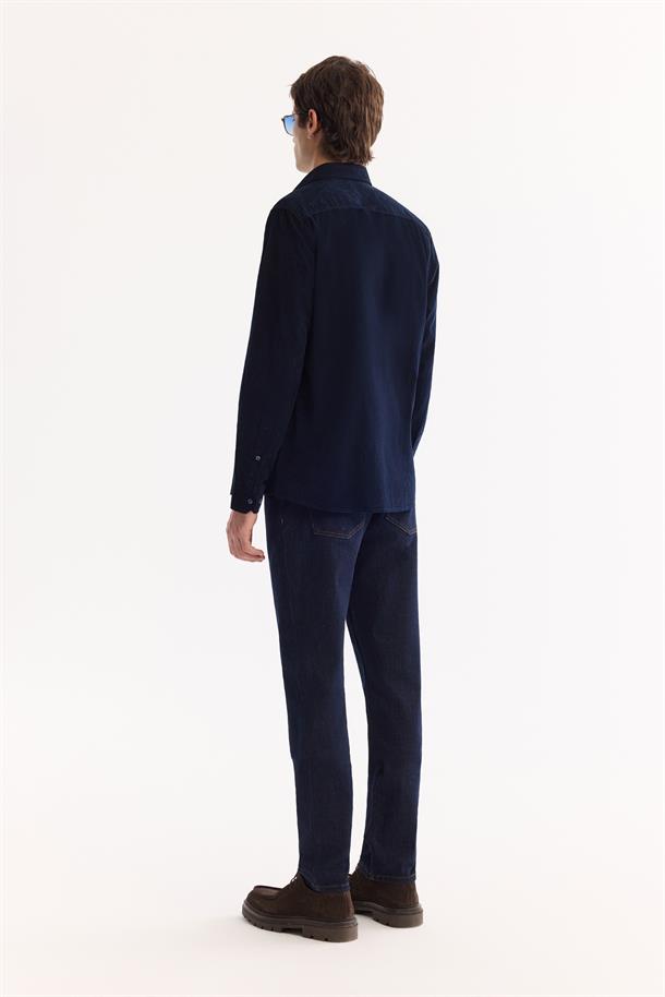Lacivert Düğmeli Yaka %100 Pamuk Soft Touch Kadife Gömlek