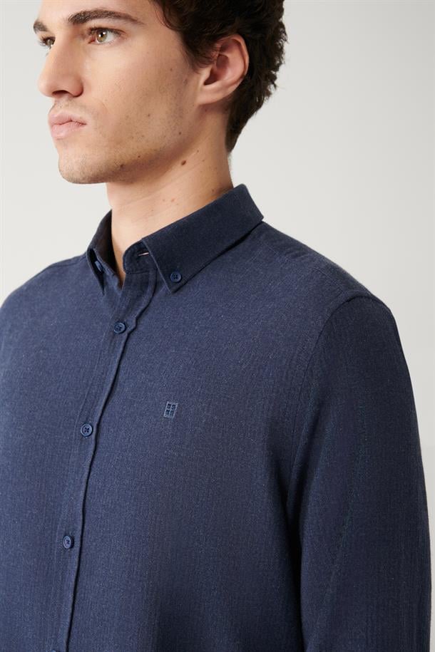Lacivert Düğmeli Yaka %100 Pamuk Gömlek