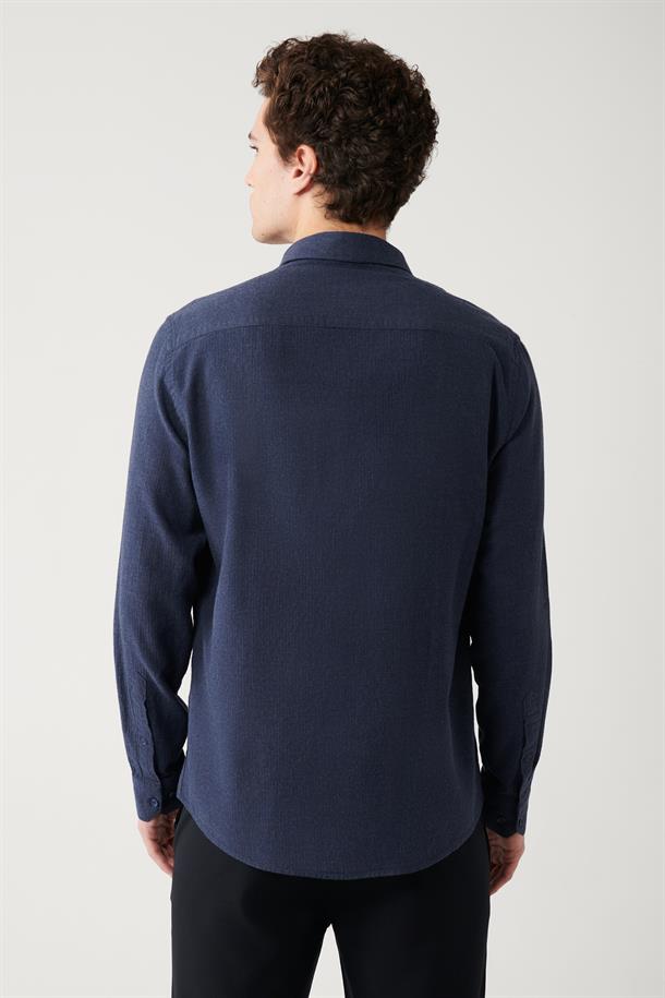 Lacivert Düğmeli Yaka %100 Pamuk Gömlek