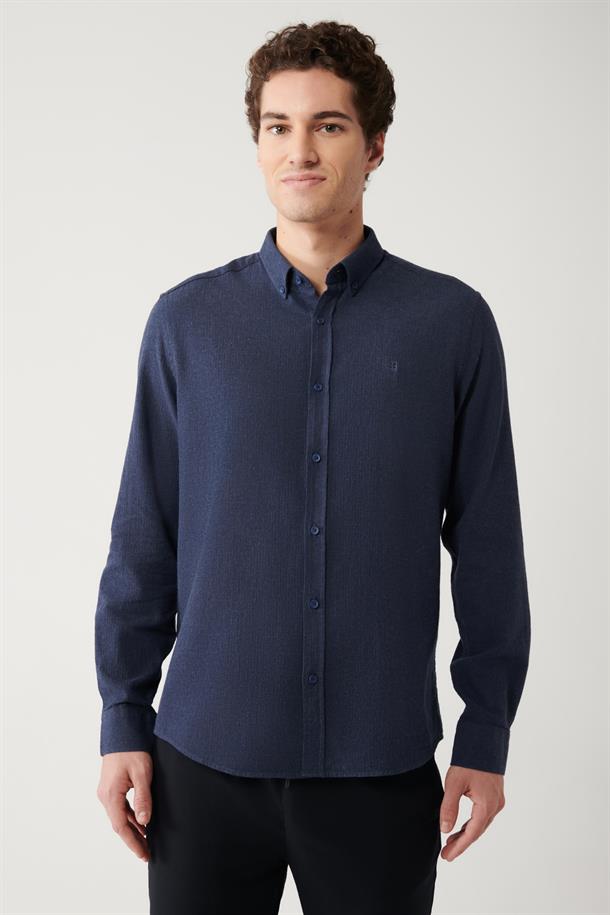 Lacivert Düğmeli Yaka %100 Pamuk Gömlek