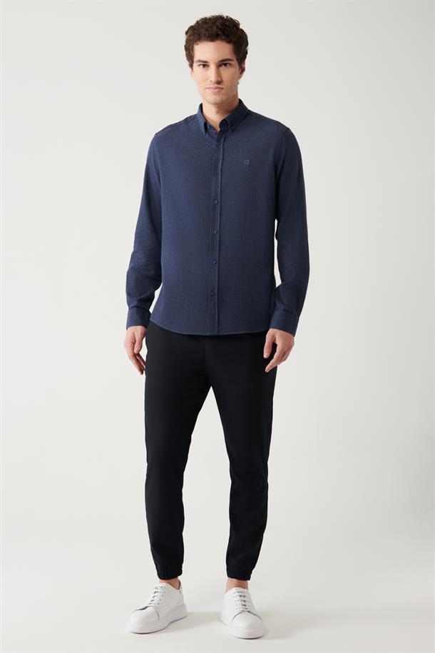 Lacivert Düğmeli Yaka %100 Pamuk Gömlek