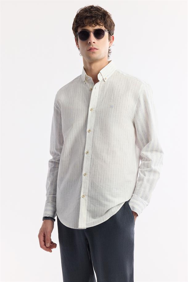 Lacivert Düğmeli Yaka Çizgili Keten Karışımlı Gömlek