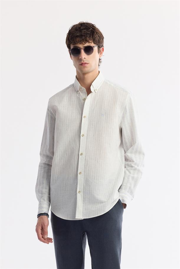 Lacivert Düğmeli Yaka Çizgili Keten Karışımlı Gömlek