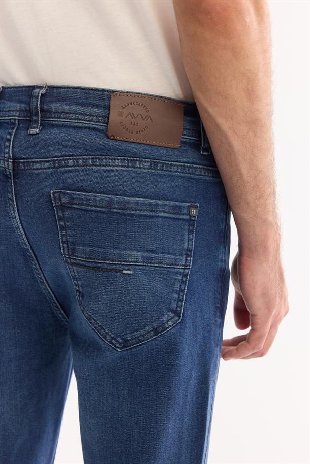 Lacivert Klasik Bel  Eskitme Yıkamalı Elastan Jean Pantolon