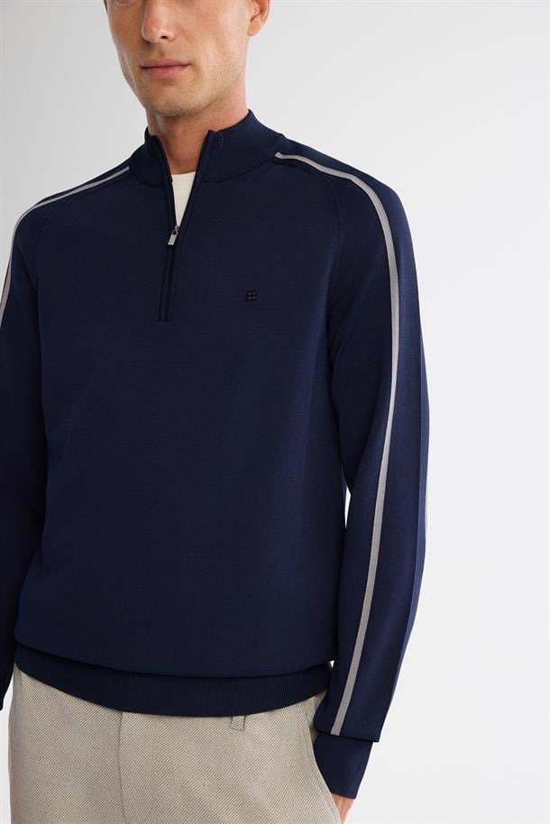 Lacivert Fermuarlı Dik Yaka Rayon Triko Kazak