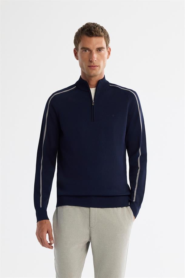 Lacivert Fermuarlı Dik Yaka Rayon Triko Kazak