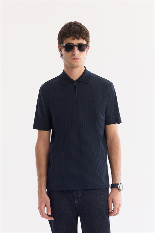 Lacivert Kıvrılmaz Polo Yaka Fermuarlı %100 Pamuk Basic T-Shirt