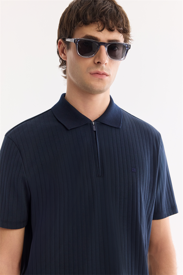 Lacivert Kıvrılmaz Polo Yaka Fermuarlı %100 Pamuk Basic T-Shirt