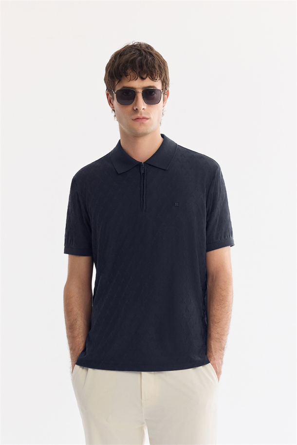 Lacivert Kıvrılmaz Polo Yaka Fermuarlı T-Shirt