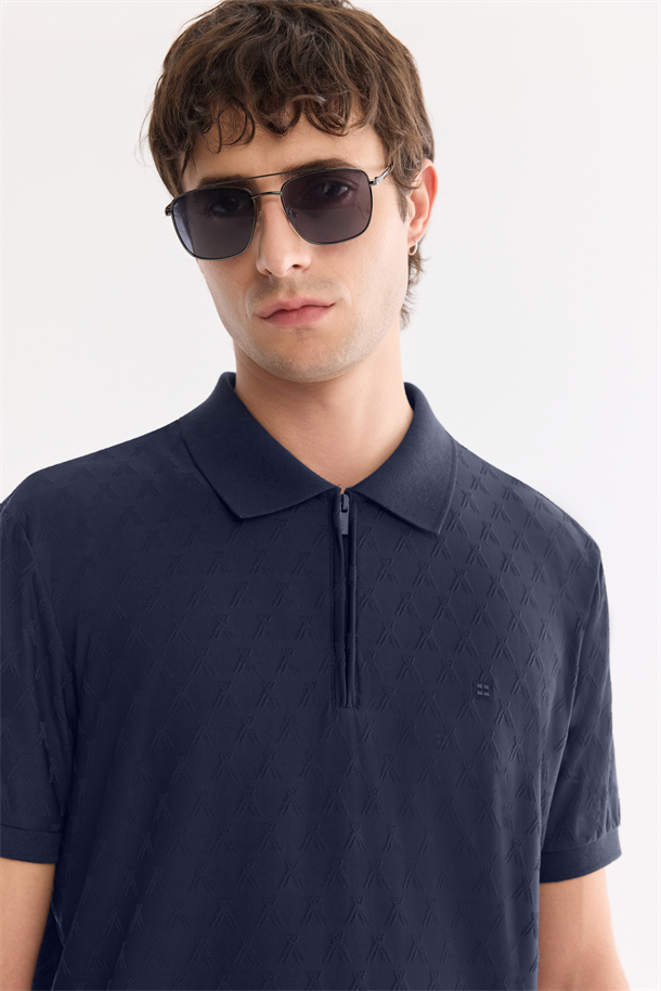Lacivert Kıvrılmaz Polo Yaka Fermuarlı T-Shirt