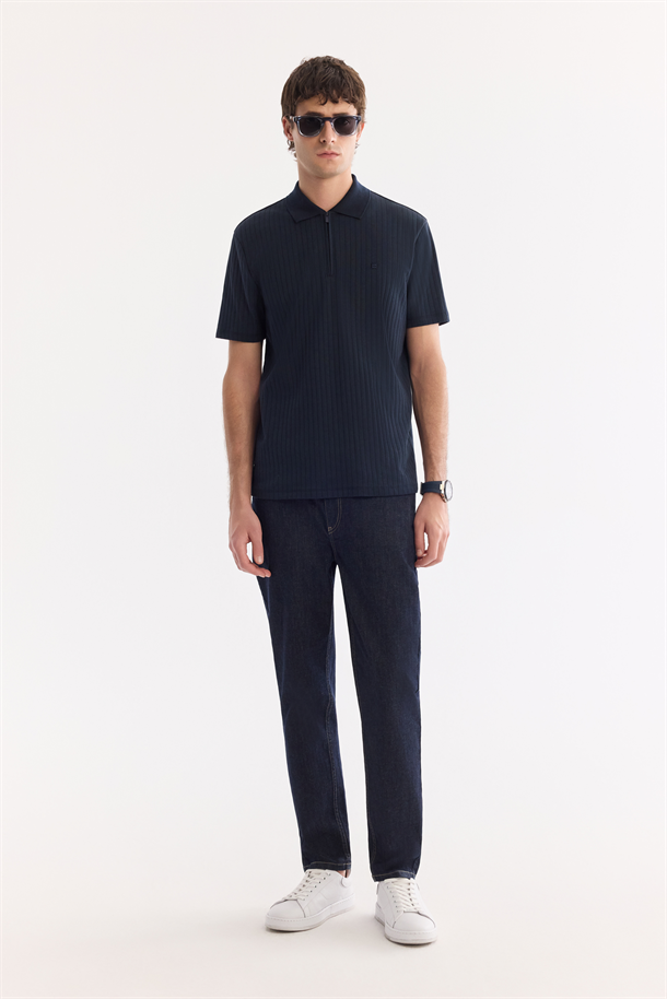 Lacivert Kıvrılmaz Polo Yaka Fermuarlı %100 Pamuk Basic T-Shirt