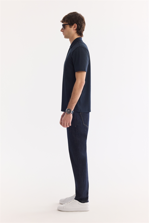 Lacivert Kıvrılmaz Polo Yaka Fermuarlı %100 Pamuk Basic T-Shirt