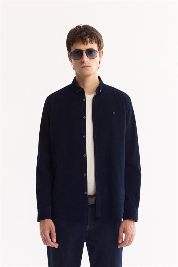 Lacivert Düğmeli Yaka %100 Pamuk Soft Touch Kadife Gömlek