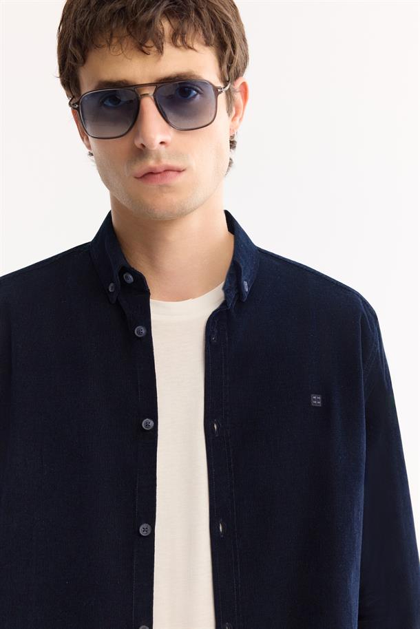 Lacivert Düğmeli Yaka %100 Pamuk Soft Touch Kadife Gömlek