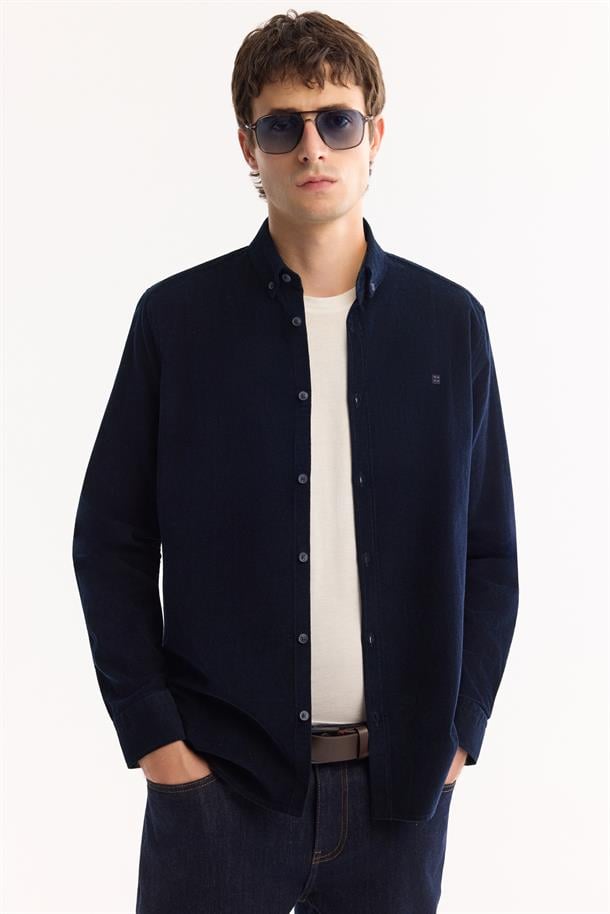 Lacivert Düğmeli Yaka %100 Pamuk Soft Touch Kadife Gömlek