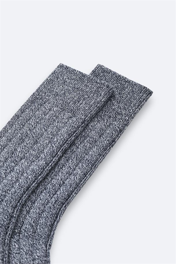 Lacivert Yün Karışımlı Fitilli Soket Çorap