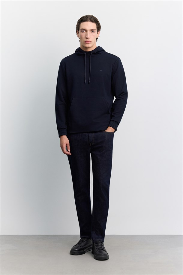 Lacivert Kapüşonlu Kolay Ütülenebilir İnterlok Sweatshirt