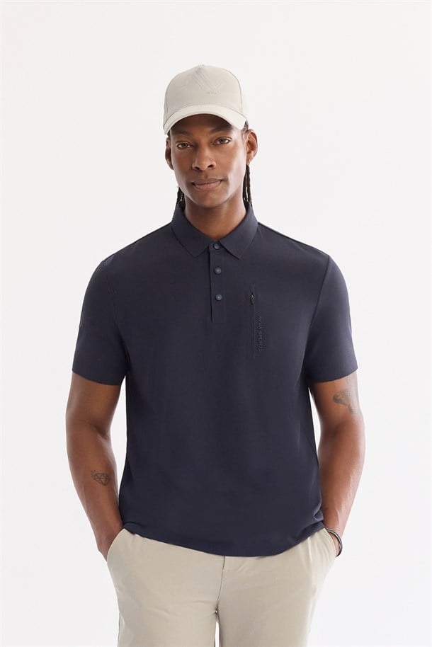Lacivert Kıvrılmaz Polo Yaka Kırışmaz Hızlı Kuruyan Teknik Kumaş T-Shirt