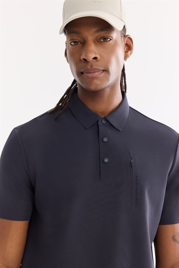 Lacivert Kıvrılmaz Polo Yaka Kırışmaz Hızlı Kuruyan Teknik Kumaş T-Shirt